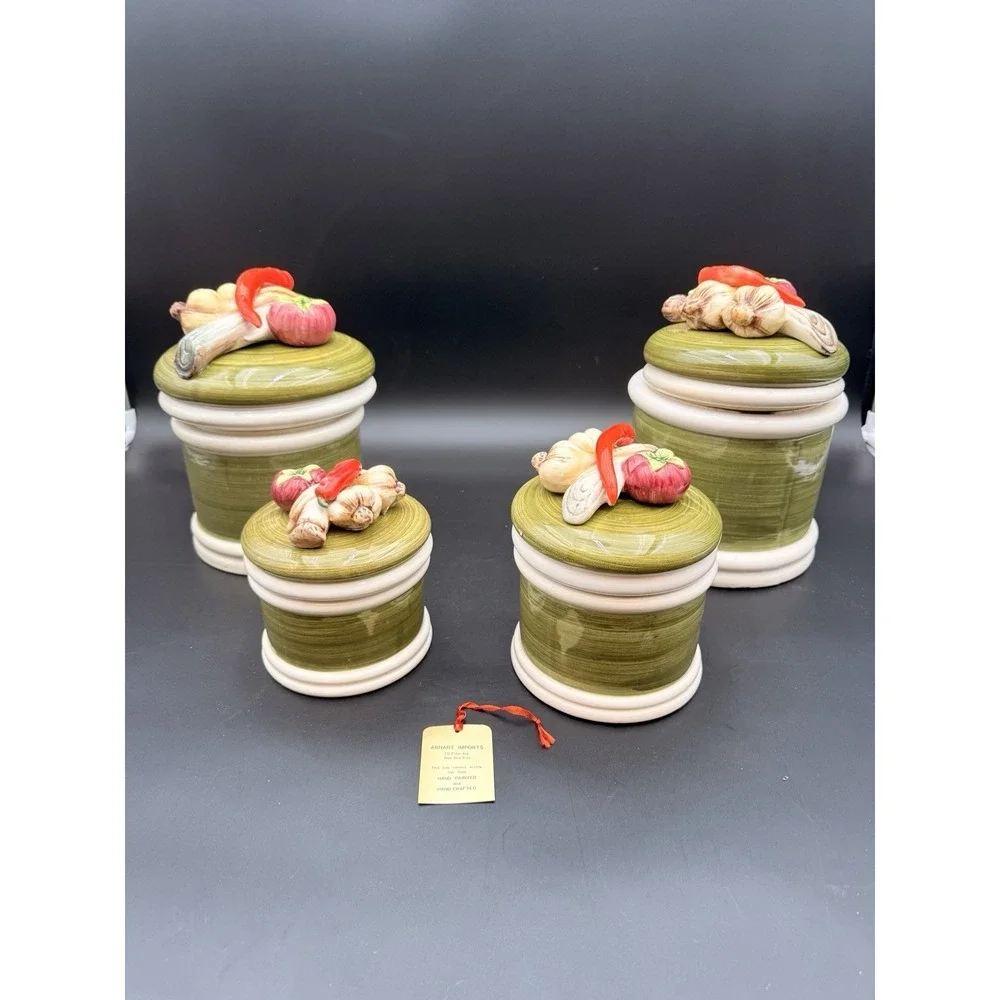 Vintage Set Of 4 Garden Harvest‎ Green Hand Painted Canister with Vegetables